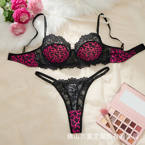 Sexy Leopard Print Lace Bra Set - Lightweight Push-Up Lingerie for Women, Wild & Alluring - Rose Red