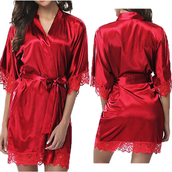 Ruixiang Plus Size Sexy Robe for Women – Ice Silk Lingerie Bathrobe, Alluring Lounge Wear & Intimate Apparel - Rose red