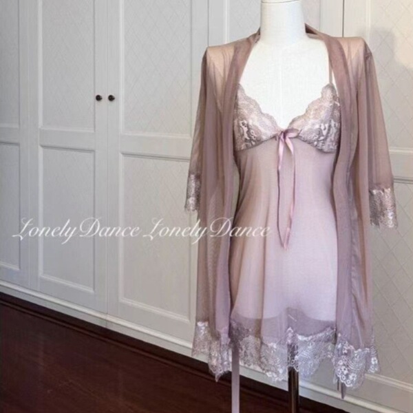 Sexy Lace Sleepwear Set for Women – Sheer Mesh Cami & Shorts, Seductive Summer Lounge Outfit - Red bean paste color