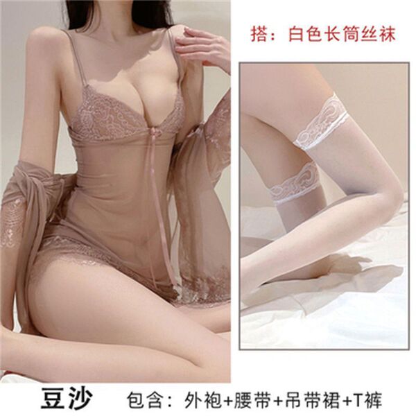 Lace Summer Sleepwear Set for Women – Sexy Lightweight Matching Bra & Slip Dress, Small Bust Friendly - dusty rose color + white stockings