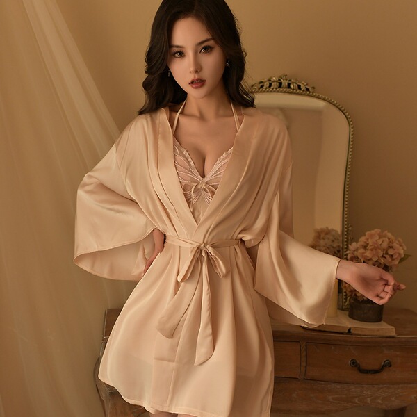 Mannyqing Sexy Lingerie Sleepwear Set – Satin & Lace Nightgown with Built-in Padded Bra, Elegant Women's Loungewear - Pink separate outer robe