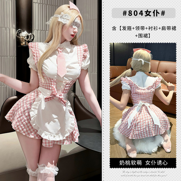Xianyi Seductive Lingerie Set - Elegant Maid Costume Cosplay Outfit for Date Night & Role Play - Pink (top + skirt + apron + headband) + W6 white + P4 white