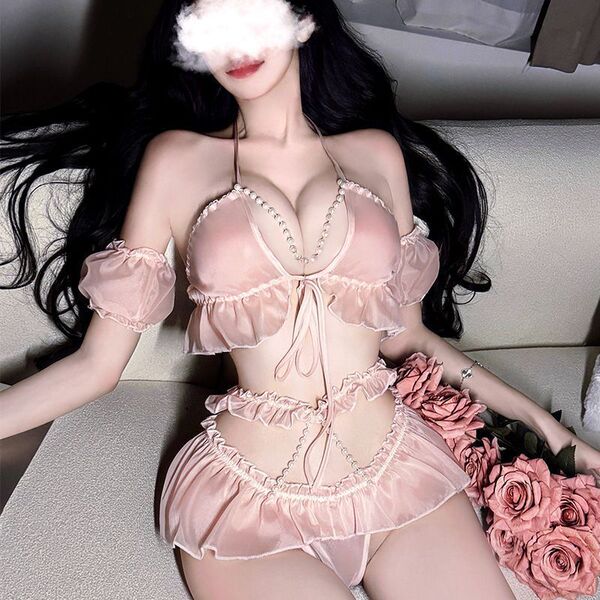 Sexy Pink Maid Costume Set - Pearl-Embellished Strapless Bodycon Sleep Dress & Lingerie Outfit - Pink (top + mini skirt)