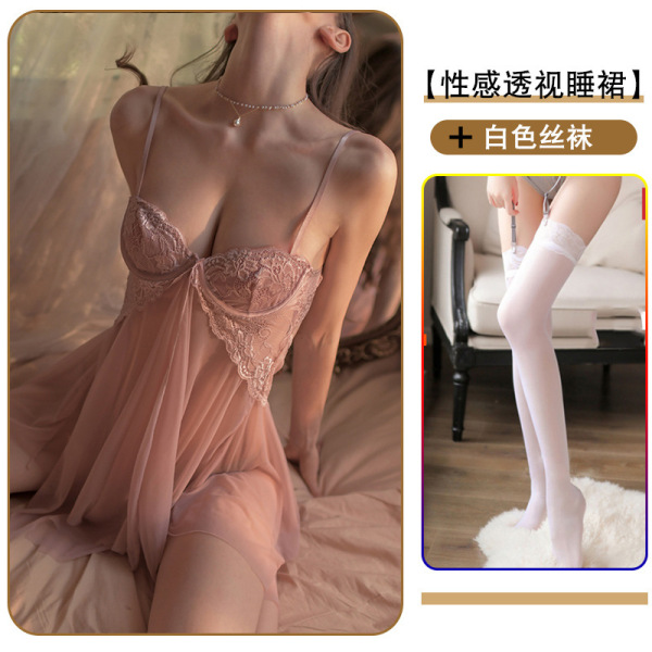 Sexy Sleepwear Set for Women – Sheer Split Chemise & Matching Lingerie Outfit, Provocative Uniform-Inspired Nightwear - Pink nightgown + white stockings