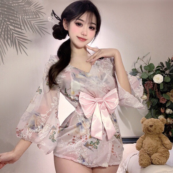 Japanese-Style Couples Pajama Set - Matching Kimono Sleepwear for Couples, Playful Bedroom Outfit - Pink [inner layer + outer robe + belt]