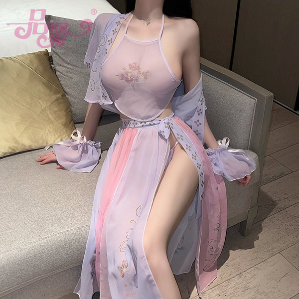 Pinxian Vintage Chinese-Inspired Lingerie Set - Sheer Hanfu Costume for Women, Seductive Doudou Role Play Outfit - Purple-pink (vest + skirt + bib + sleeves * 2 + underwear)