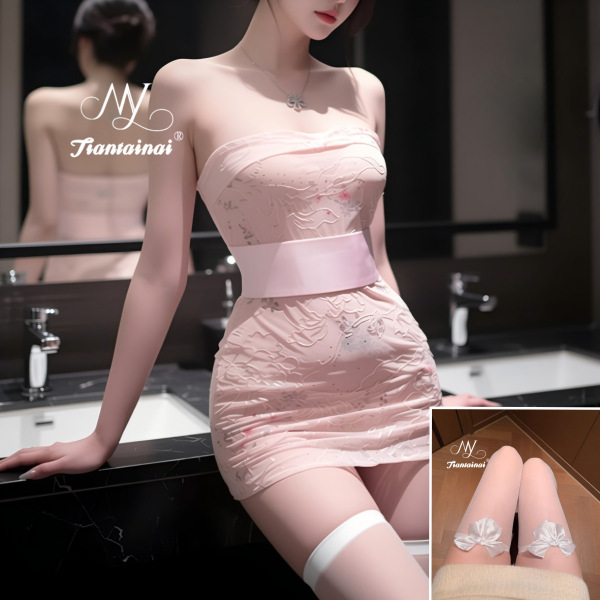 Sexy Lace Bodysuit Set - Embroidered Sheer Kimono Style Outfit with Bodycon Skirt for Women - Light pink and white bow stockings
