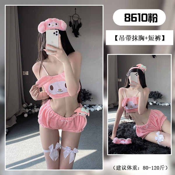 Cinnamoroll & My Melody Lingerie Set – Cute Kawaii Cartoon Bra & Brief Set for Women - Pink and white fishnet stockings