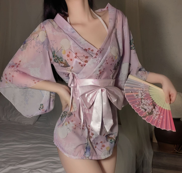 Japanese-Inspired Sexy Lace Kimono Robe Set for Women – Seductive Plus Size Sleepwear & Lingerie Outfit - Pink and white fishnet stockings