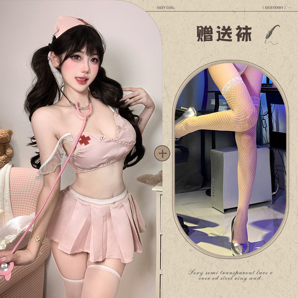 Seductive Nurse Costume Set for Women – Sweet Bow Backless Role Play Lingerie Sleepwear Outfit - Pink and white fishnet stockings
