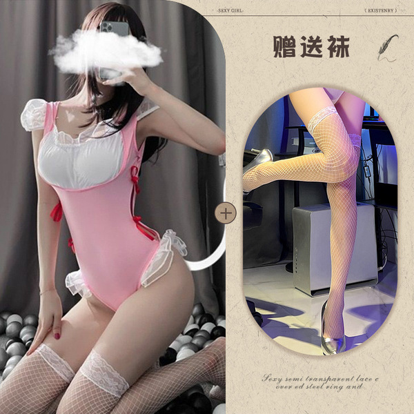 Manny Night Lotus Maid Costume Set - Seductive Tight-Fit Princess Housemaid Outfit with Open-Crotch Design - Pink and white fishnet stockings
