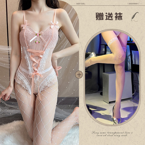 Qingran Sexy Lace Bodysuit with Ties & Snap Crotch - Seductive Sweet Uniform Style Babydoll Set - Pink and white fishnet stockings