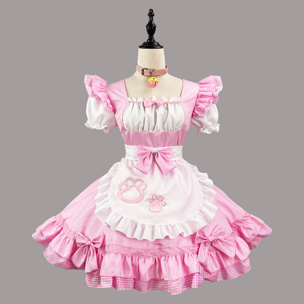 Oushilin Adorable Anime Lolita Dress - Cute Pure-Yuri Maid Costume with Cat Ears & Tail Roleplay Outfit - Pink and white fishnet stockings