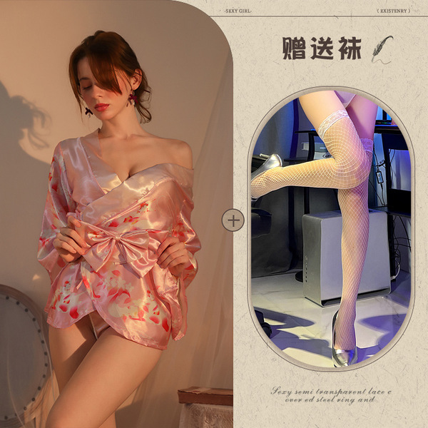 Yetingxiang Purple Sensual Robe Sleep Dress – Japanese-Inspired Kimono Style Lingerie with Waist Tie & Floral Design - Pink and white fishnet stockings