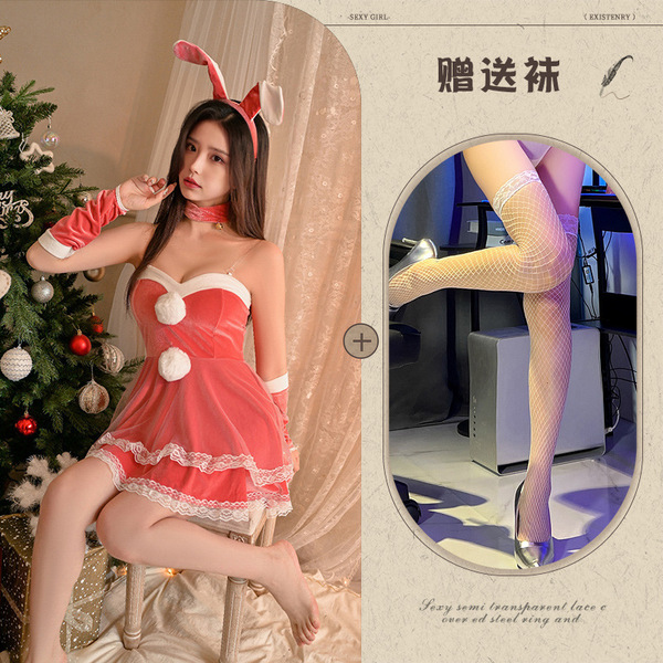 Christmas Bunny Girl Dress - Sexy Sheer Mesh Bodysuit with Sleeve Cuffs, Naughty Holiday Lingerie Set - Pink and white fishnet stockings