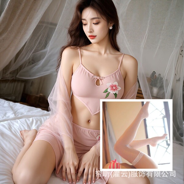Chinese Chic Sensual Sleepwear Set - Sheer Kimono Robe & Hanfu-Inspired Bodysuit, Pure-Yu Style Lingerie - Pink and white fishnet stockings