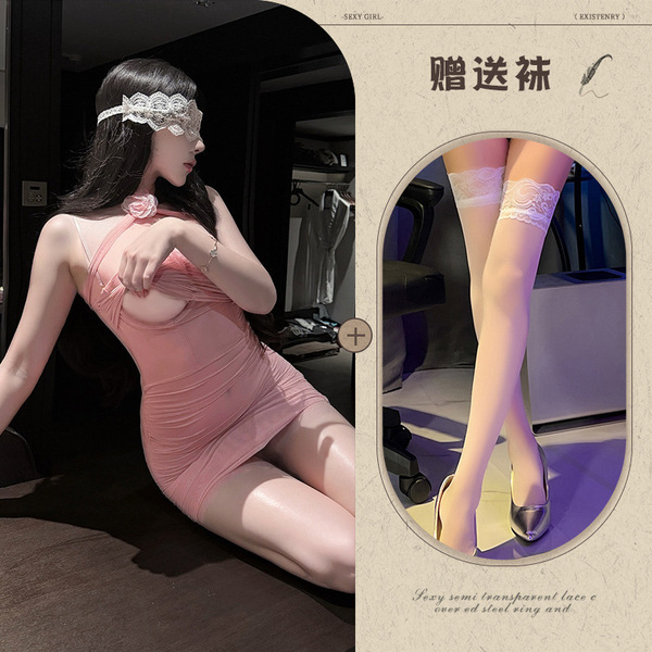 Mannyqing Pure-Yu Rose Mesh Bodycon Dress – Floral Sheer Lace Sleepwear Set for Women - Pink + white stockings