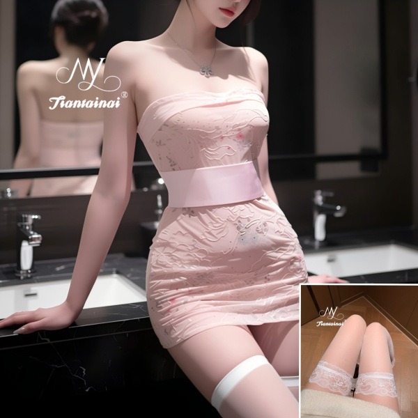 Sexy Lace Bodysuit Set - Embroidered Sheer Kimono Style Outfit with Bodycon Skirt for Women - Light pink + white stockings