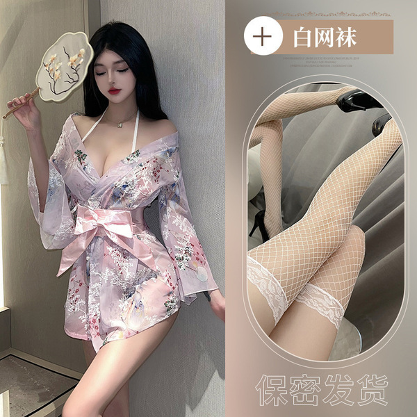 Plus Size Japanese-Style Sexy Kimono Robe with Bow & Floral Print – Seductive Sleepwear & Lingerie Set - Pink and white fishnet stockings
