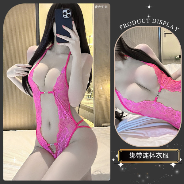 Sexy Lace Bodysuit with Open-Crotch Design - Seductive Sheer Mesh Sleepwear & Costume Set - Rose pink and white stockings