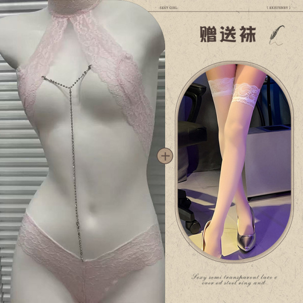 Qingran Sexy Lace Bodysuit with Detachable Rhinestones - Hook-Neck Erotic Lingerie for Women - Pink + white stockings