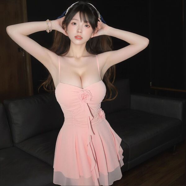 Mannyqing Lingerie Dress - Pure Temptation Halter Neck Mesh Slip Dress, Sexy Low-Cut Sleepwear for Women - Pink + white stockings
