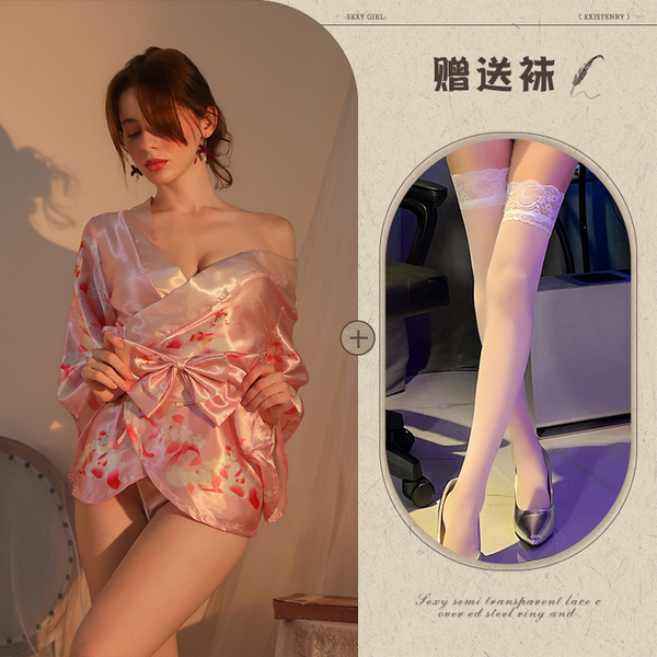 Qing Ran Purple Lace Robe Sleep Dress - Japanese Kimono Style Sensual Lounge Wear with Waist Tie - Pink + white stockings