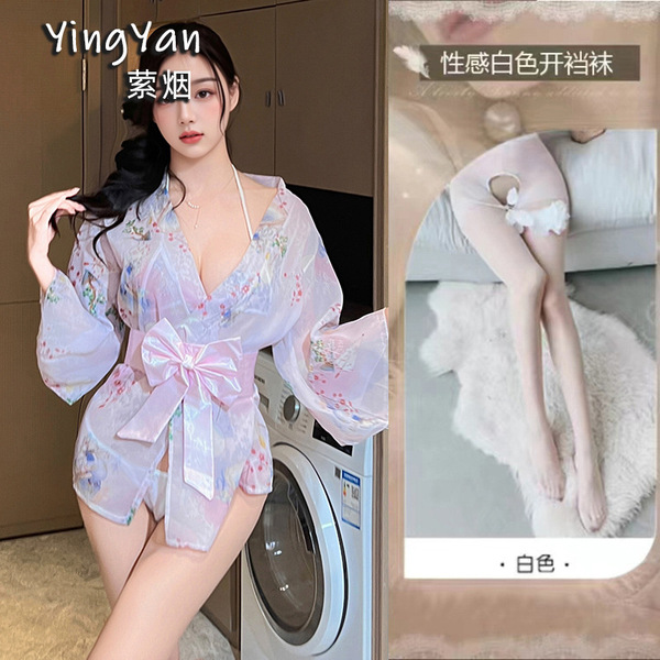 Japanese-Style Lace Kimono Set - Sexy Bow-Tie Sheer Robe & Matching 3-Piece Outfit for Women - 0833 Pink + White Open Crotch Socks