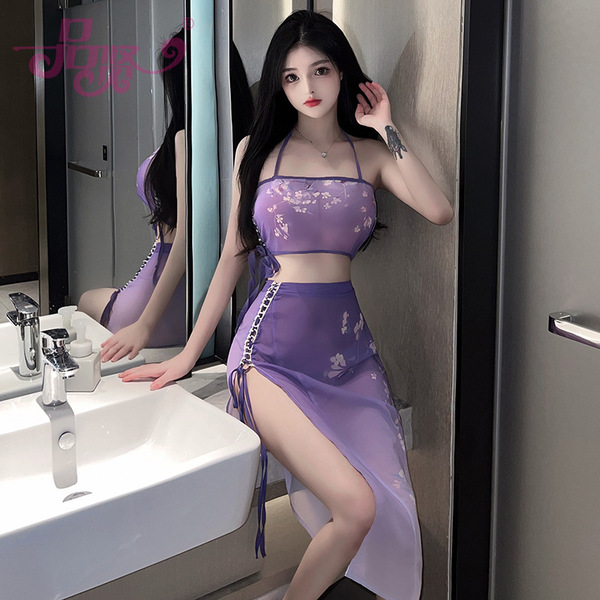 Vintage-inspired sheer purple lingerie set featuring floral patterns, perfect for role play with elegant design elements.