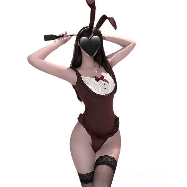 Sexy plus size bunny costume bodysuit with lace trim, bow tie, and thigh-high stockings for adult role play.