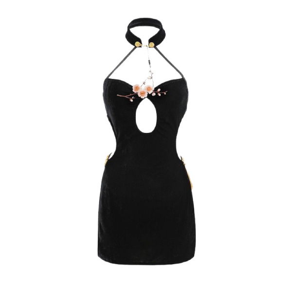 Black plus size cheongsam-style lingerie dress with floral embroidery, high slit, backless design, and halter neck detail.