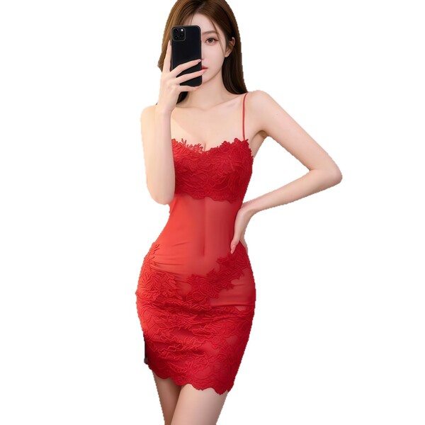 Sexy red lace babydoll nightgown with sheer design, perfect for women seeking elegant and sensual sleepwear.