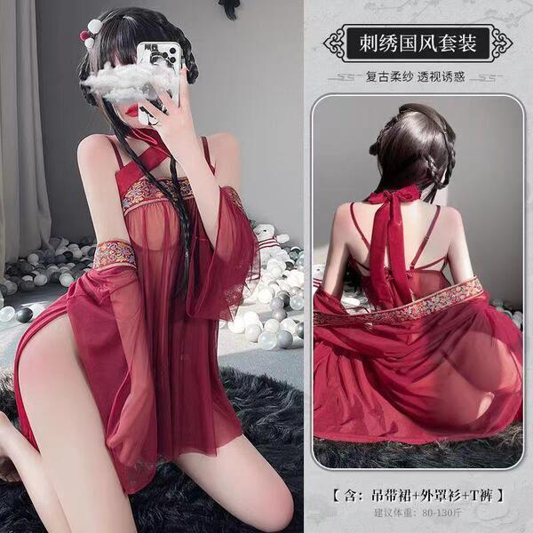 Elegant red hanfu sleep set featuring ancient chinese design, with sheer chiffon skirt and bodysuit, perfect for women seekin...