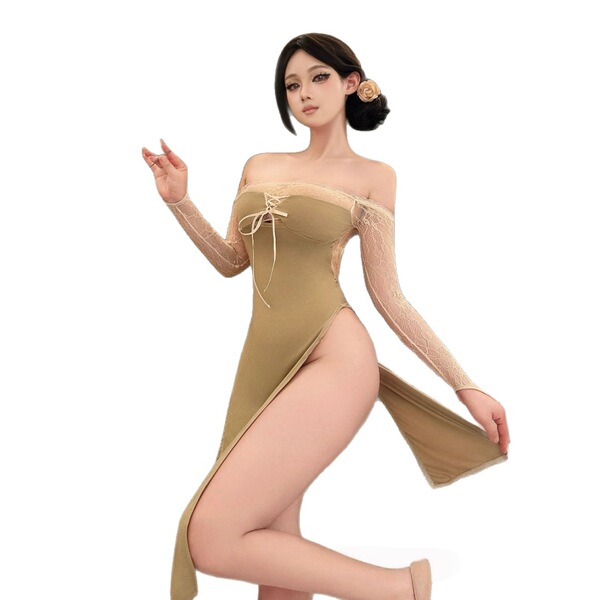 A woman models a beige plus-size lingerie dress with lace sleeves, featuring a high slit and off-shoulder design, perfect for...