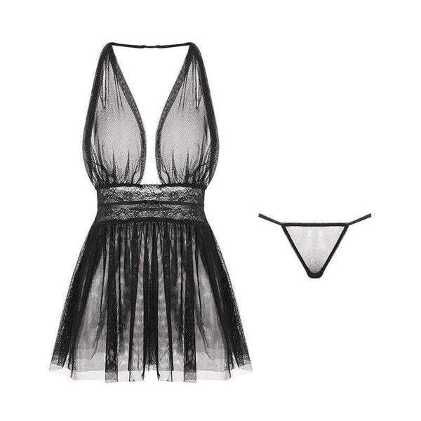 Black sheer mesh sleep dress with deep v-neck and matching thong, backless plus size lingerie set for pure temptation.