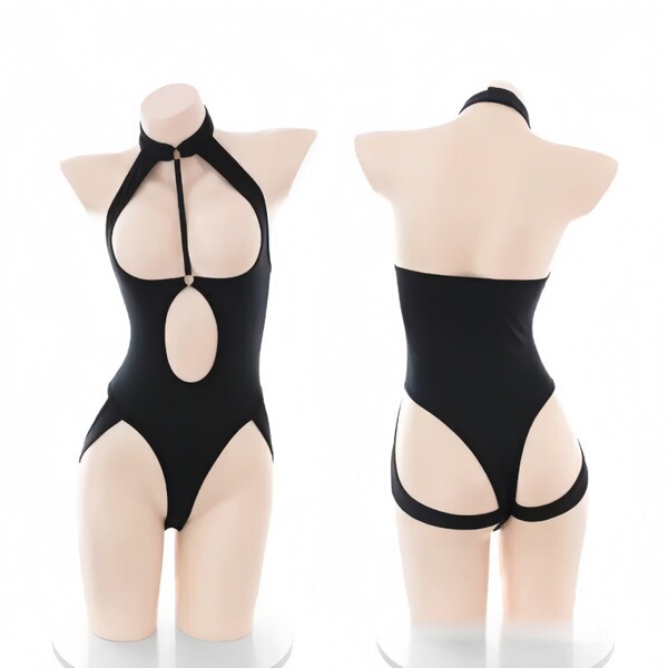 Black plus size bodysuit with halter neck, thong cutout, and open-crotch design. seductive mesh set for women.