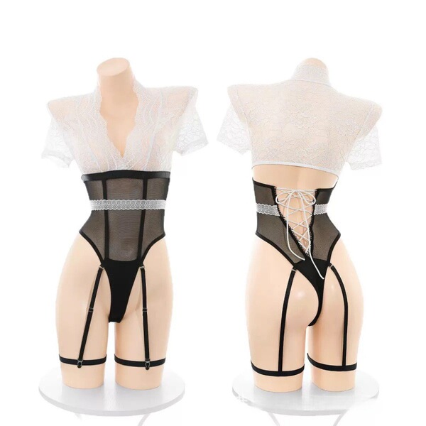Plus size sheer lace bodysuit with hook closure, open-crotch design, and corset-style waist cincher for women.