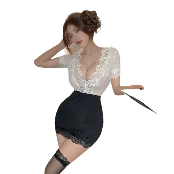 Woman modeling plus size sexy lace see-through deep v secretary skirt set, midnight temptation uniform outfit with black stoc...