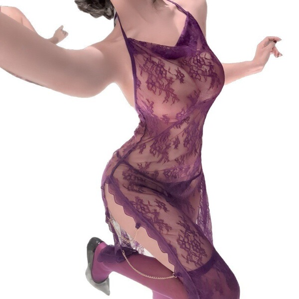 Sexy plus size lingerie dress featuring sheer lace design, high slit, and elegant chain detail, perfect for nightwear.