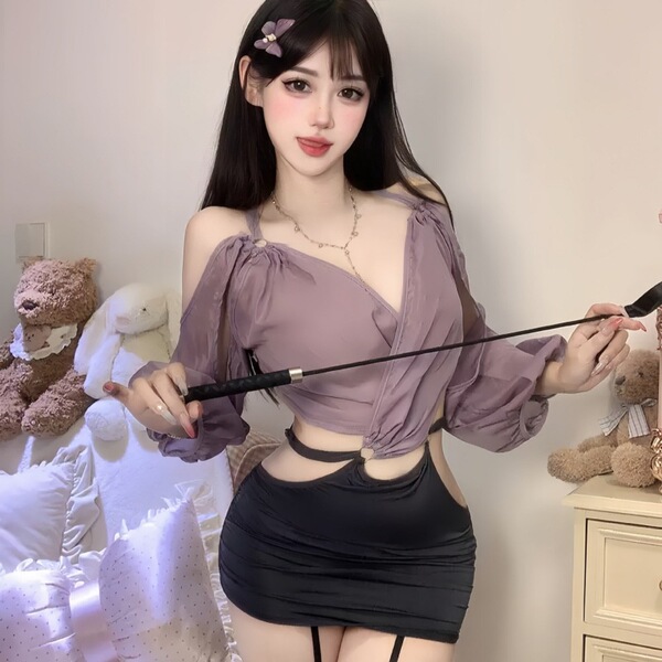 Woman wearing a plus size sexy lingerie set with sheer side-open waist-baring design, styled as a nightclub secretary costume...