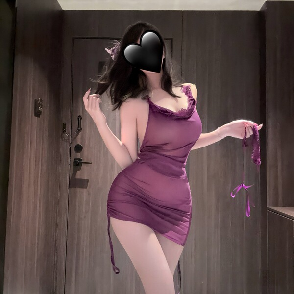 Sexy purple sheer dress with lace details, perfect for two-way wear. ideal plus-size sleepwear set featuring a seductive desi...