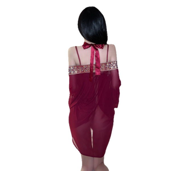 Back view of plus size red sheer mesh lingerie dress with hanfu-inspired overlay and decorative trim.