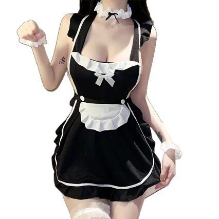 Sexy maid costume for women featuring a black apron with white trim, perfect for role play and adult entertainment. includes ...