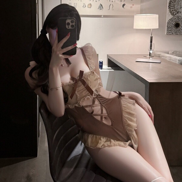 Sexy open-crotch bodysuit with bear-themed design, flirty sleepwear, and seductive outfit for women.
