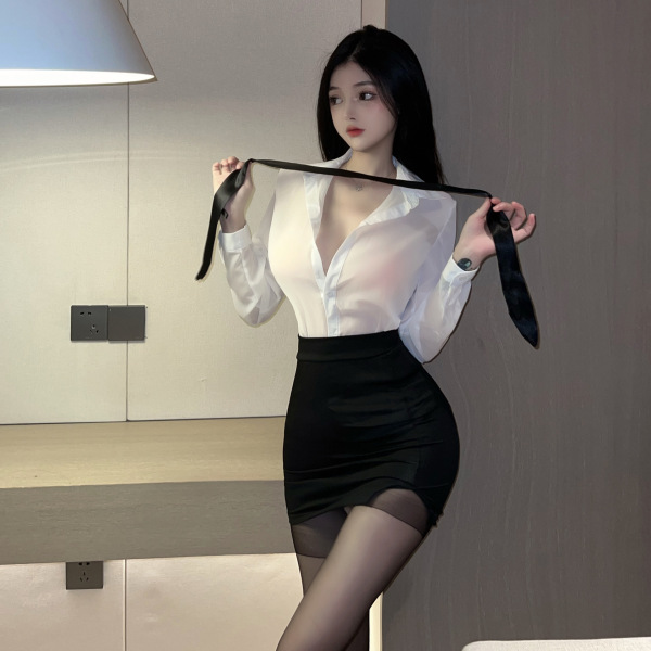 Woman in white blouse and black secretary skirt holding a tie, perfect for office chic or nightclub outfits.