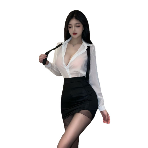 Sexy secretary skirt set with white blouse and black bodysuit for office chic, teacher, or nightclub ol outfits.