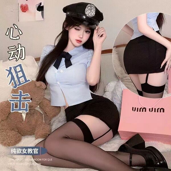 Sexy Secretary Costume Lingerie Set – Elegant Seductive Outfit for Role Play & Intimate Nights - Female police uniform set + matching black stockings with suspenders