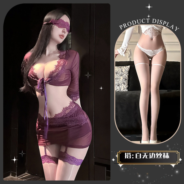 QingShe Lace Nursing Lingerie Set – Pure & Tempting Bondage-Inspired Sensual Underwear for Women - Grapes falling like tears ~ + white laceless stockings
