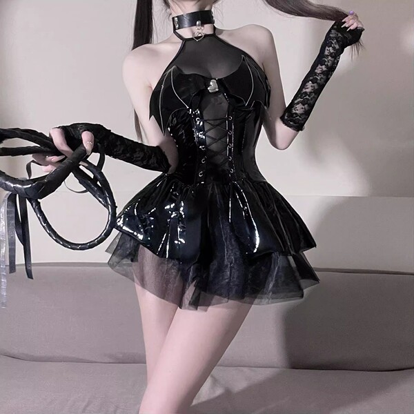 Genuine pu leather devil costume set - seductive role play lingerie outfit for women, featuring a black corset with lace glov...