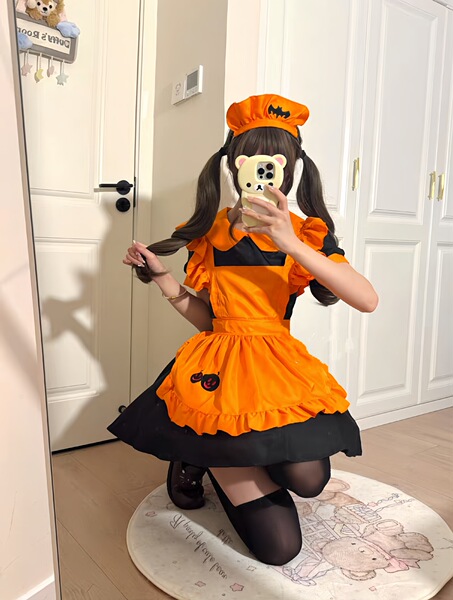 2026 Cute Sweet Lolita Dress for Women – Elegant Long Sleeve Party & Performance Dress - Pumpkin-themed outfit set (skirt + apron + headdress included)